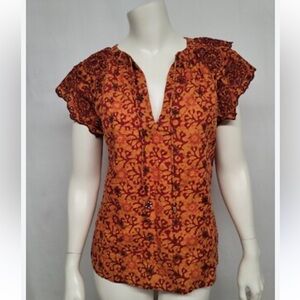 NWT Women’s Jennifer Grace Orange Brown Boho Short Sleeve Eyelet Blouse Sz M